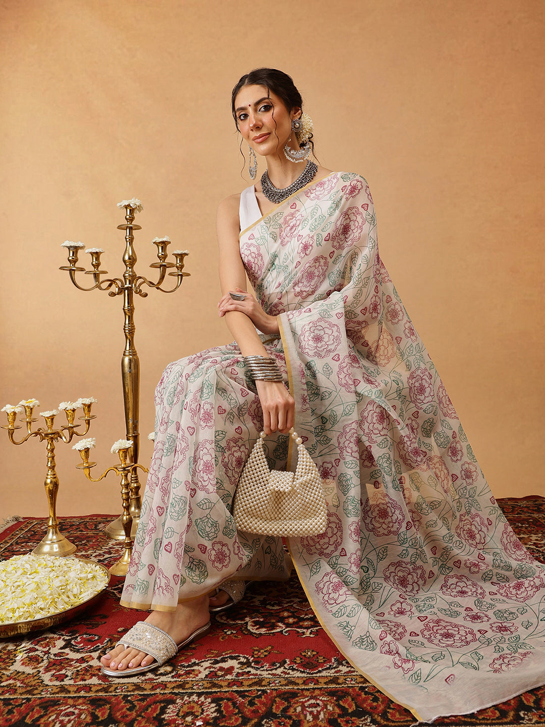Floral Printed Kalamkari Chanderi Saree