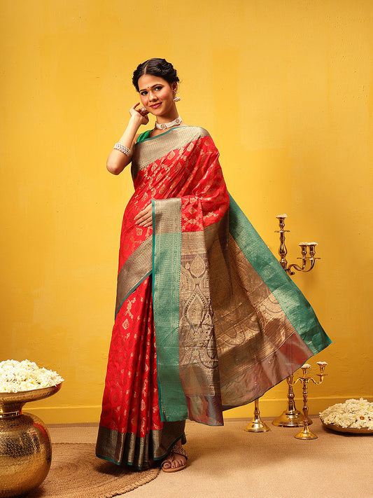 Banarasi Soft Silk Jal Design Saree with Contrast Border and Pallu