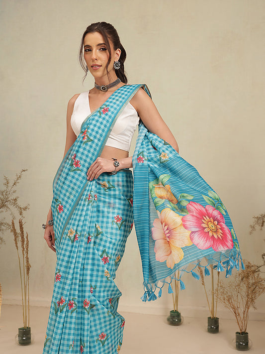 Digital Printed Sky Blue Floral Checks Chanderi Saree