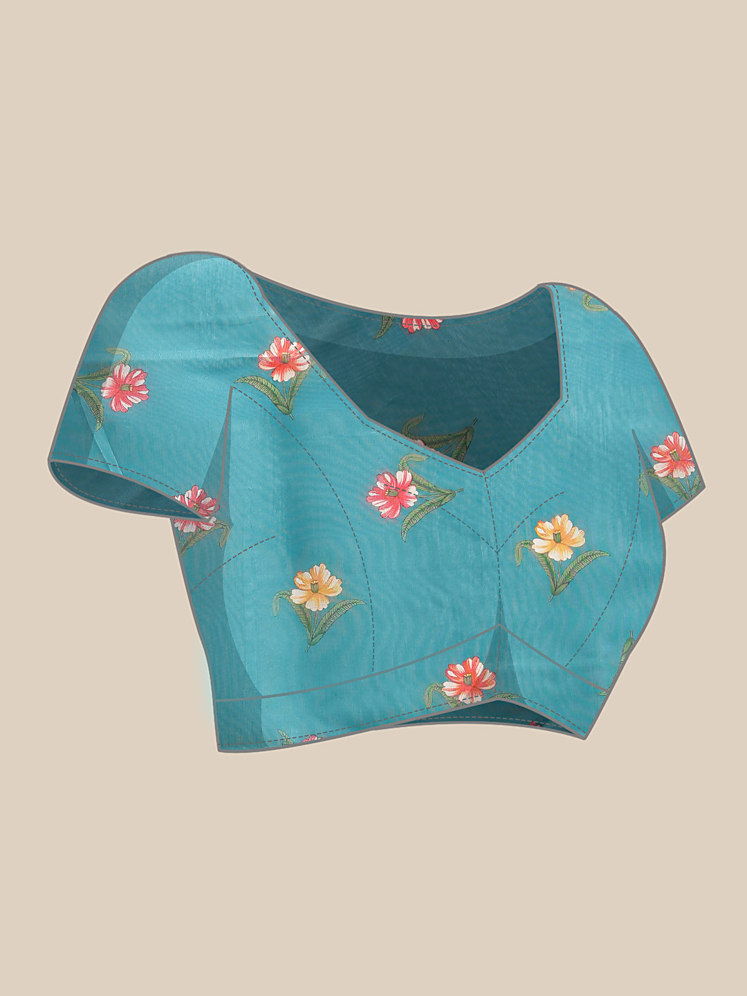 Digital Printed Sky Blue Floral Checks Chanderi Saree