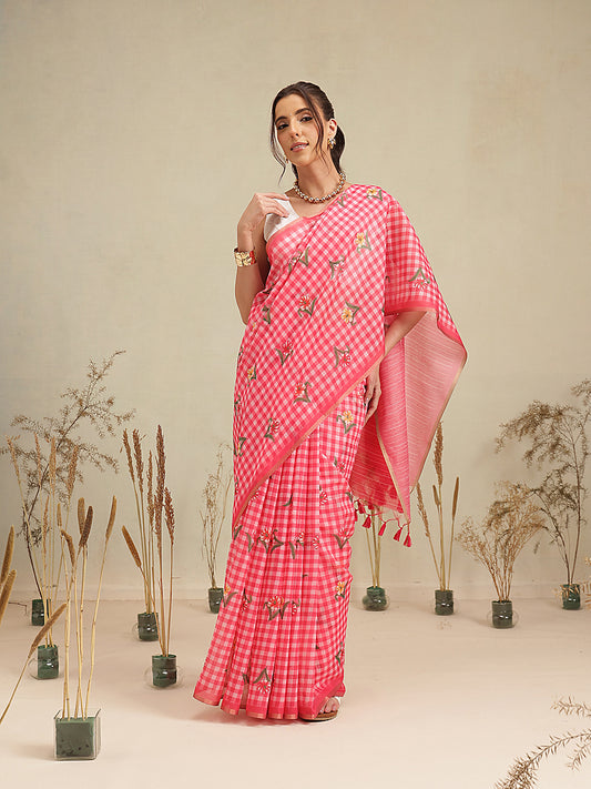 Digital Printed Rose Pink Floral Checks Chanderi Saree