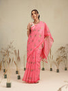 Digital Printed Rose Pink Floral Checks Chanderi Saree