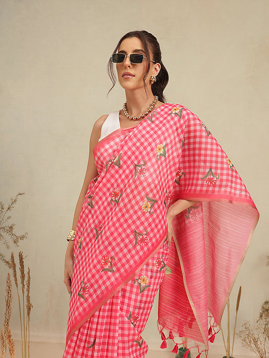 Digital Printed Rose Pink Floral Checks Chanderi Saree