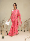 Digital Printed Rose Pink Floral Checks Chanderi Saree