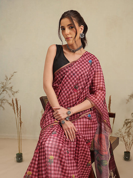 Wine Multicolor Rose Digital Printed Chanderi Saree