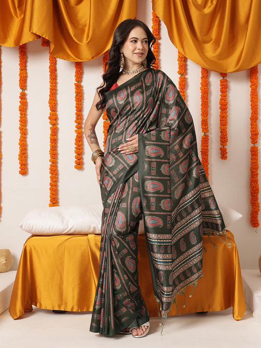 Ajrakh Printed Soft Silk Saree With Unstitched Printed Blouse – Black – view 2