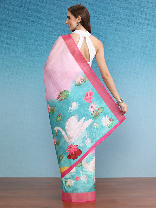 Vibrant Hues Digital Printed Zari Border Silk Saree