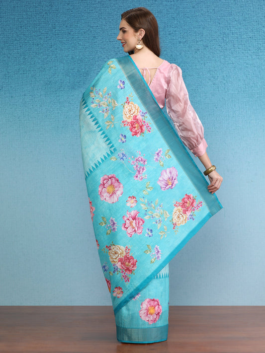 Vibrant Hues Digital Printed Zari Border Silk Saree