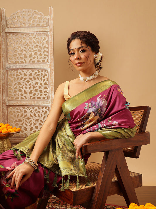 Prism Violet Zari Woven Banarasi Soft Silk Saree With Floral Digital Print