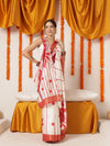 White & Red Lotus Printed Navaratri Special Saree With Tassels