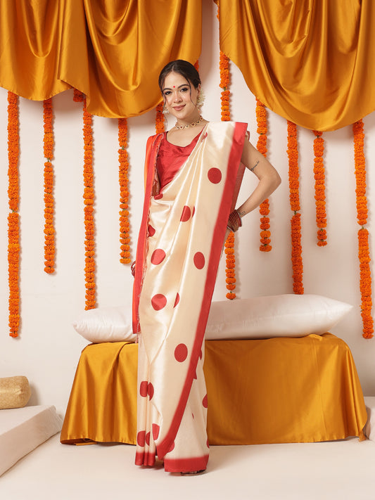 Navaratri Special Soft Silk Digital Printed Saree With Beautiful Prints – Beige & Red with Red Border (Design 3281) – view 2