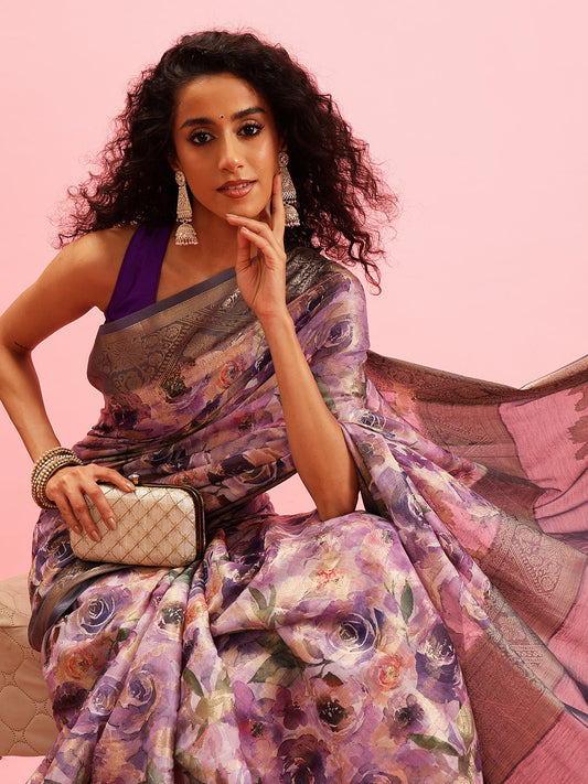 Digital Printed Banarasi Cotton Zari Woven Saree