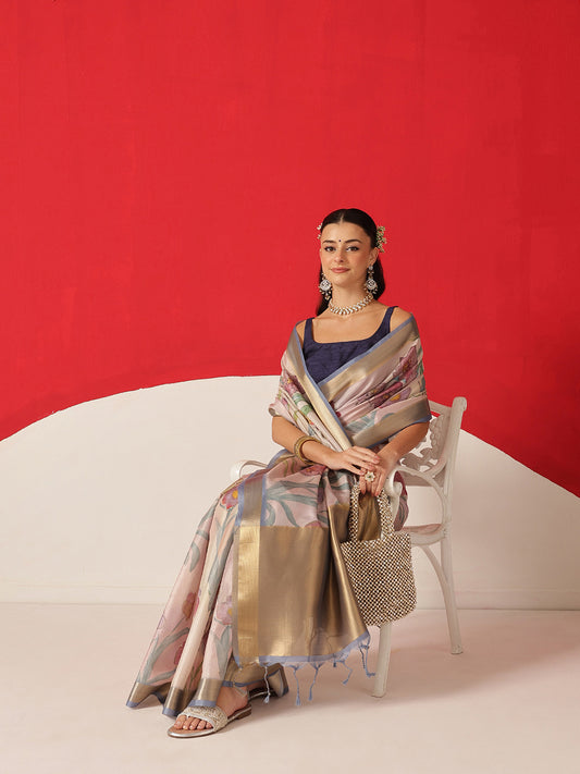 Floral Printed Soft Tissue Silk Saree With Tassels