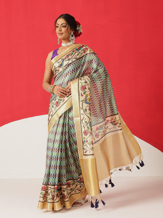 Digital Printed Soft Tissue Silk Saree With Zari Work & Tassels