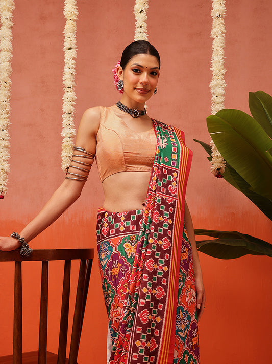 Rajkoti Double Ikat Patola Soft Silk Saree With Tassels