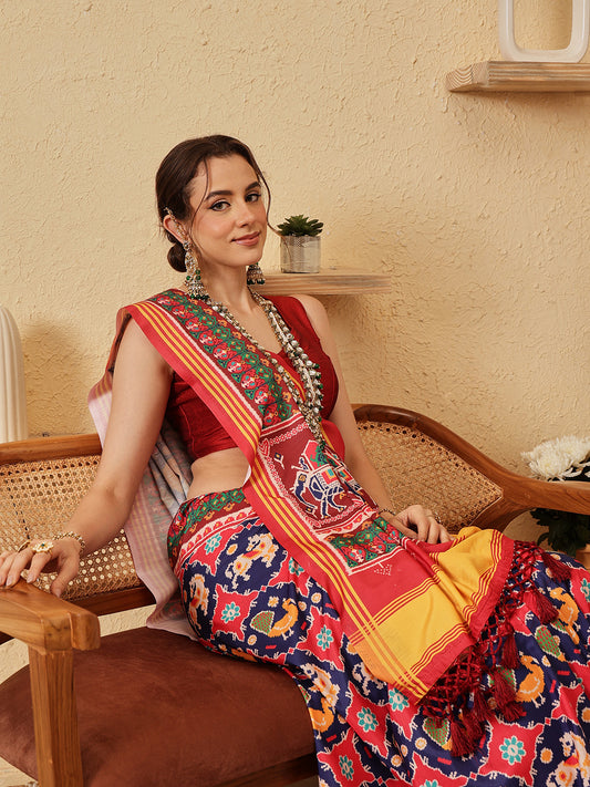 Rajkoti Double Ikat Patola Soft Silk Saree With Tassels