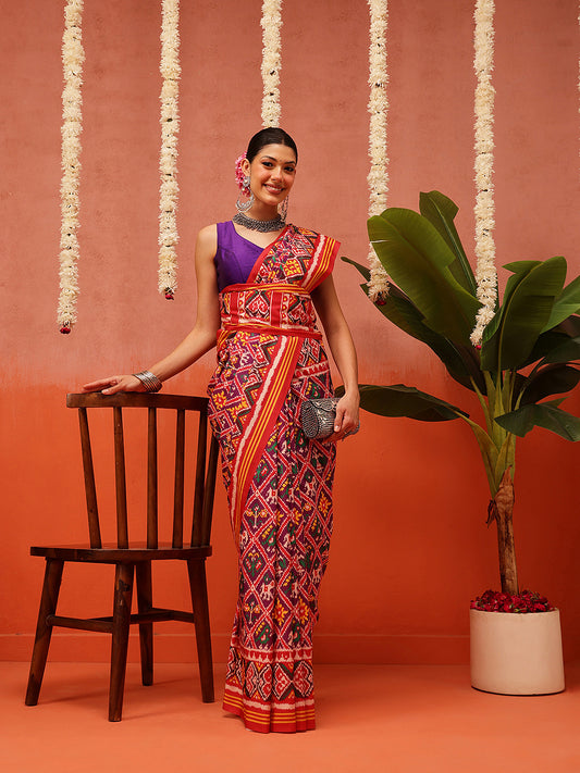 Hyderabadi Double Ikat Patola Soft Silk Saree With Tassels