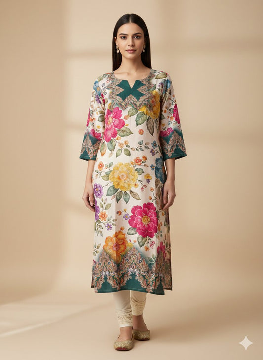 Women’s Casual Wear Rayon Blend Straight Kurta with Digital Print Keyhole Neck