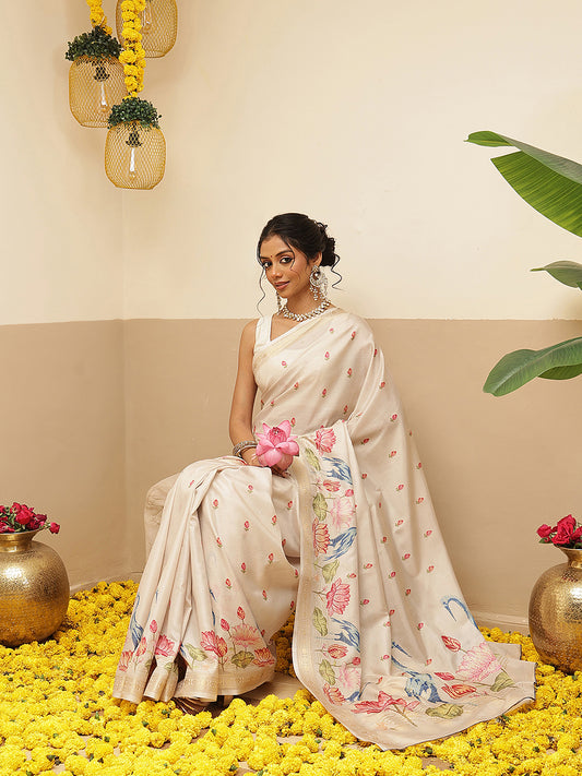 Kalamkari Printed Art Silk Festive Saree With Unstitched Blouse Piece