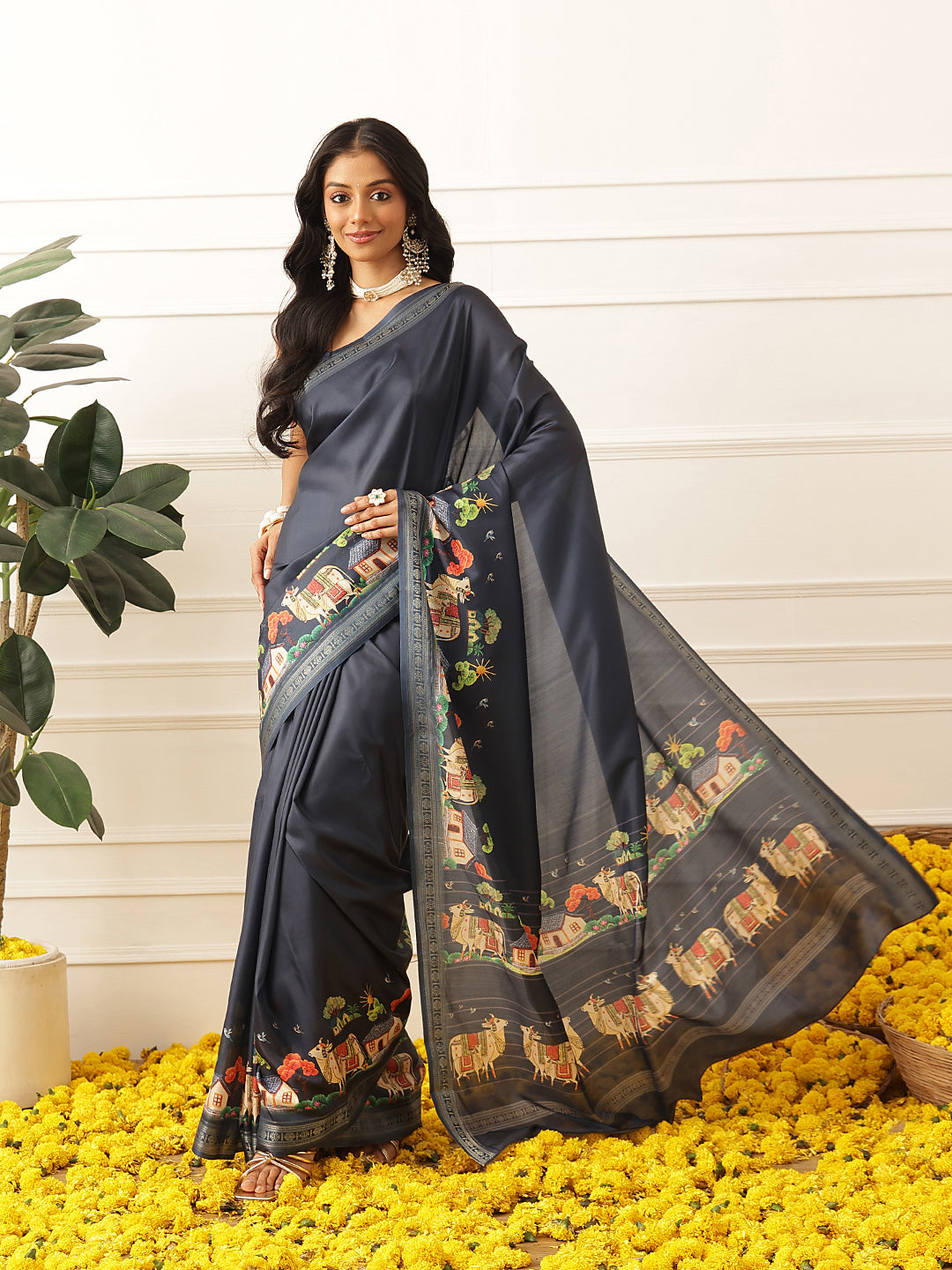 Animal Printed Art Silk Festive Saree With Unstitched Blouse Piece