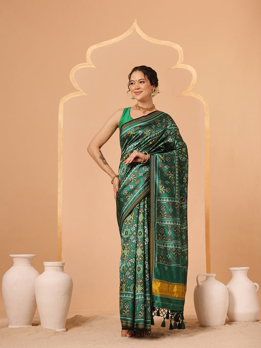 Multicolored Patola Twill Weave Saree for Women with Lagdi Patta Pallu and Tassel