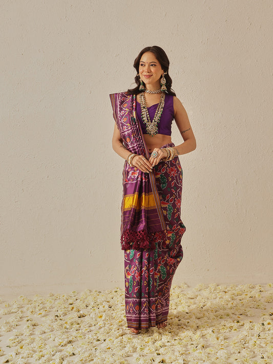 Multicolored Patola Twill Weave Saree for Women with Lagdi Patta Pallu and Tassel