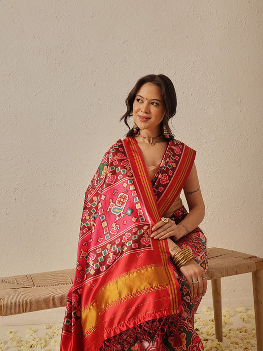 Double Ikkat Patola Printed Saree with Weaving Border & Pallu