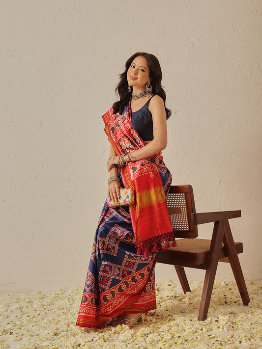 Double Ikkat Patola Printed Saree with Weaving Border & Pallu