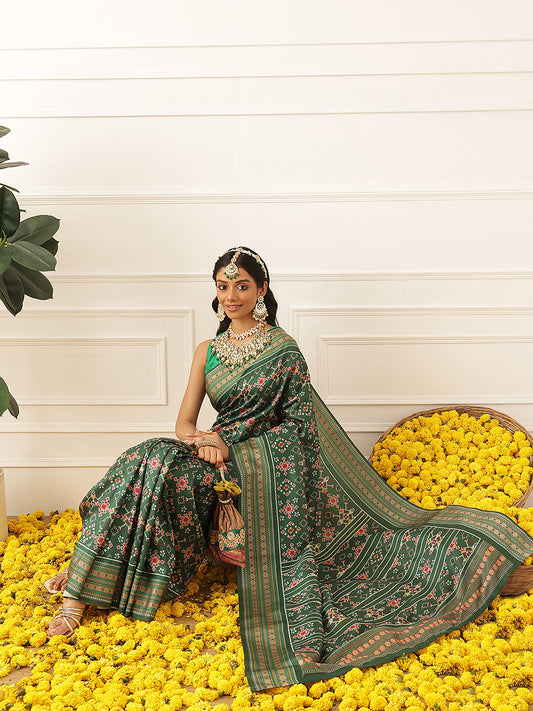 Women's Soft Tusser Silk Digital Printed Viscous Jacquard Border Patola Sarees