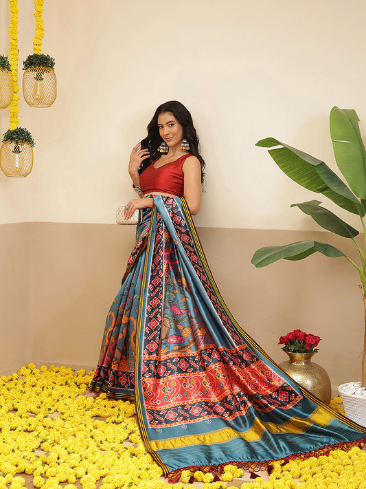 Digital Printed Kalamkari Patola Saree for Women with Lagdi Patta Pallu and Handmade Tassel