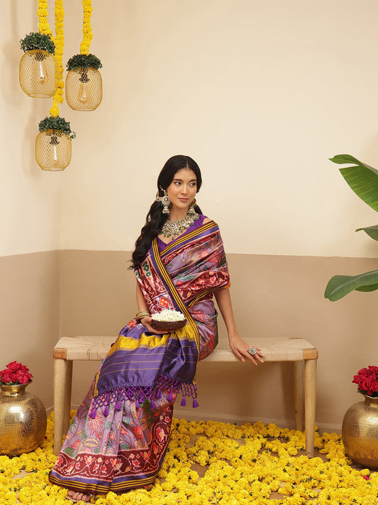 Digital Printed Kalamkari Patola Saree for Women with Lagdi Patta Pallu and Handmade Tassel