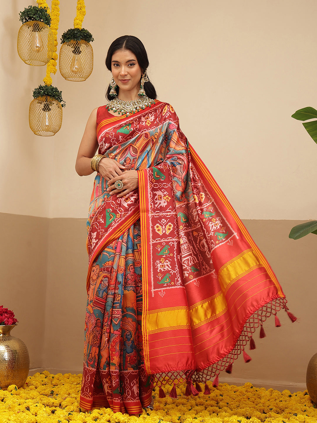 Digital Printed Kalamkari Patola Saree for Women with Lagdi Patta Pallu and Handmade Tassel