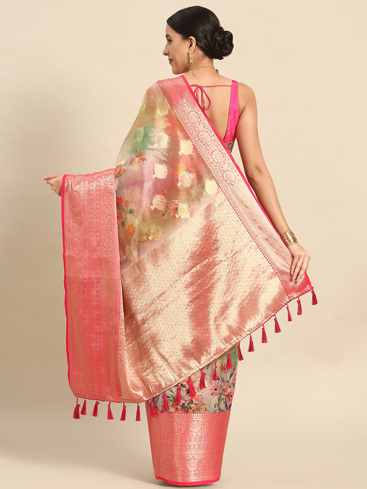 Floral Zari Art Silk Chanderi Digital Printed Saree
