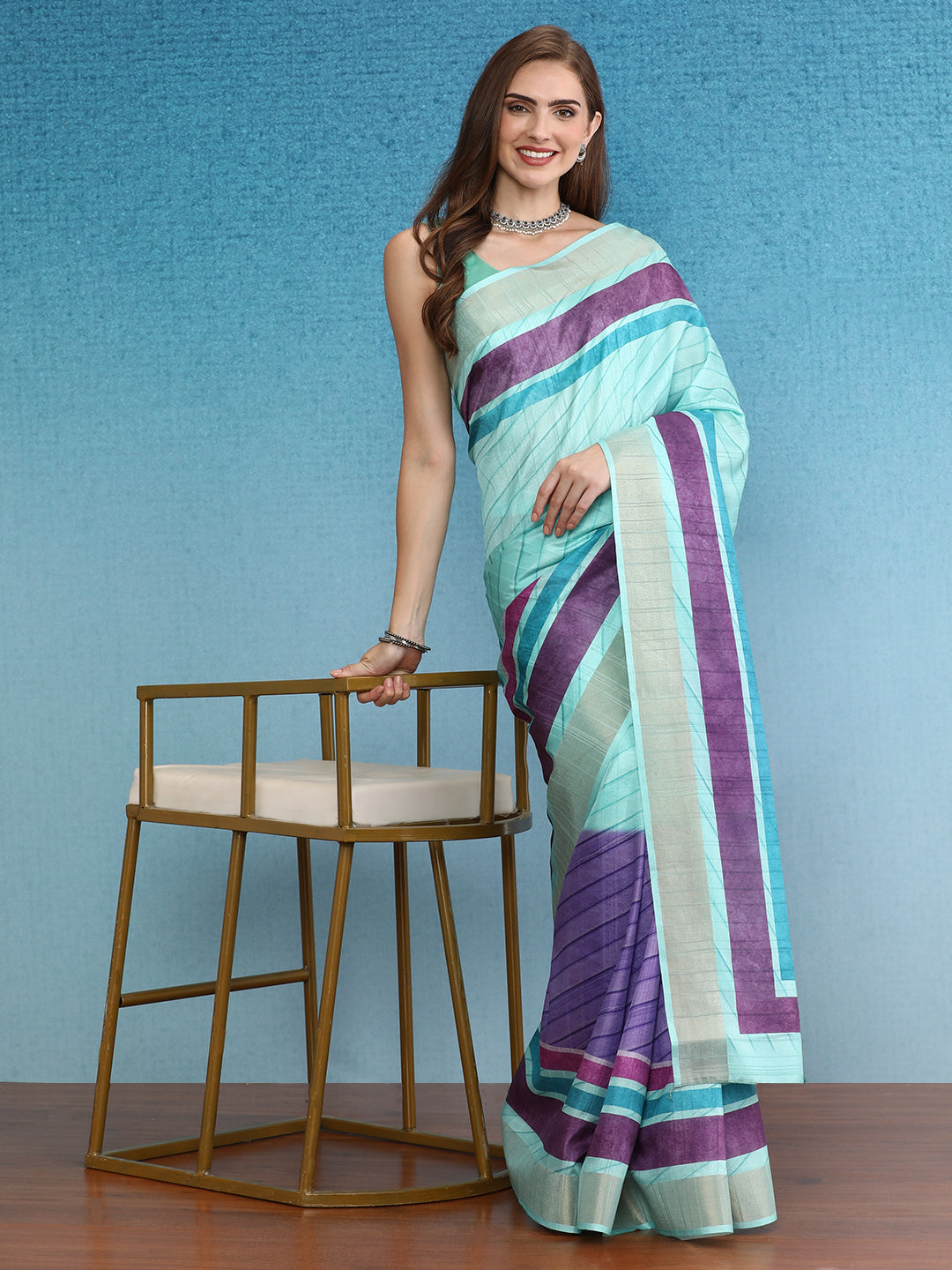 Blocky Stripes Soft Silk Zari Border Printed Saree
