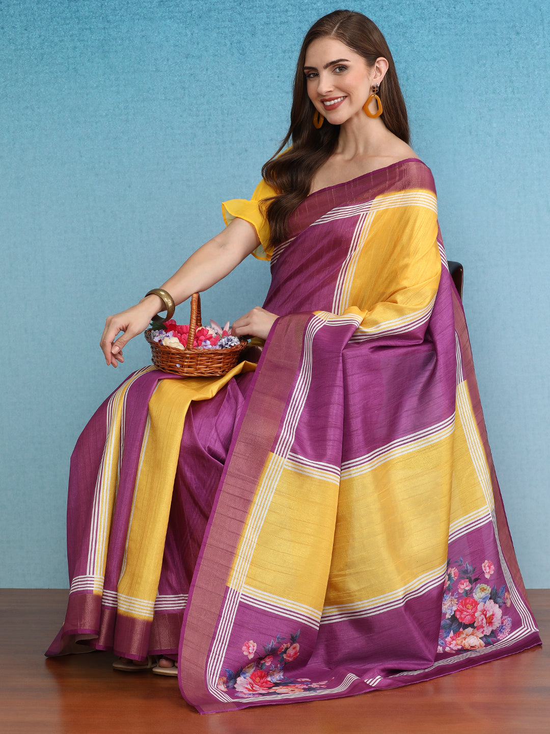 Color Blocked Zari Border Printed Silk Saree