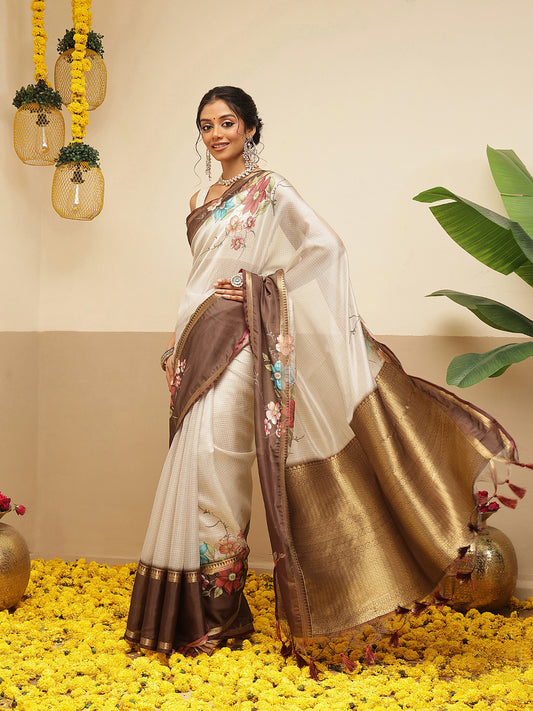 Women's Soft Muga Silk Solid Saree With Printed Border & Unstitched Blouse Piece