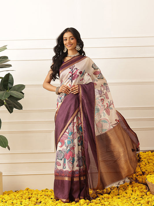Women's Soft Muga Silk Solid Saree With Printed Border & Unstitched Blouse Piece