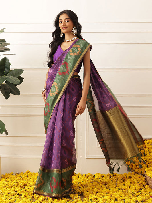 Women's Soft Muga Silk Solid Saree With Printed Border & Unstitched Blouse Piece
