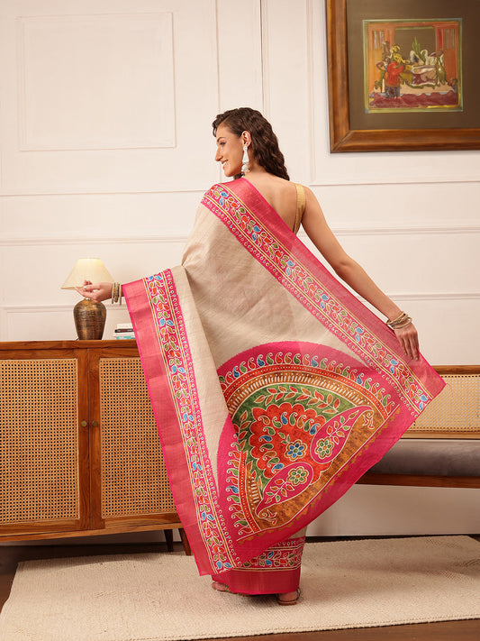 Traditional Women's Kotha Silk Bengali Style Digital Printed Saree