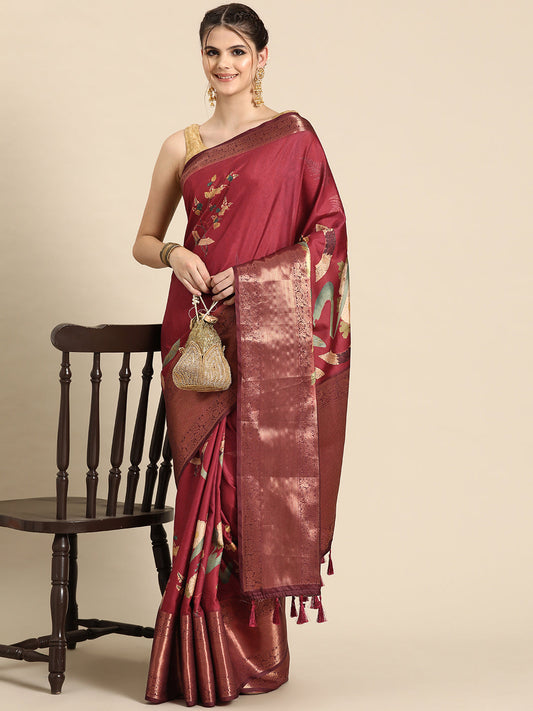 Kanchipuram Pattu Silk Floral Printed Zari Woven Border Saree