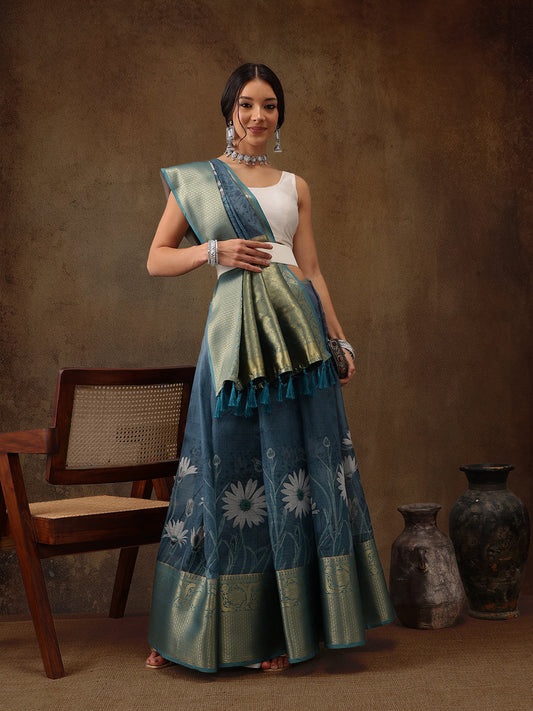 Muga Silk Floral Printed Zari Woven Saree