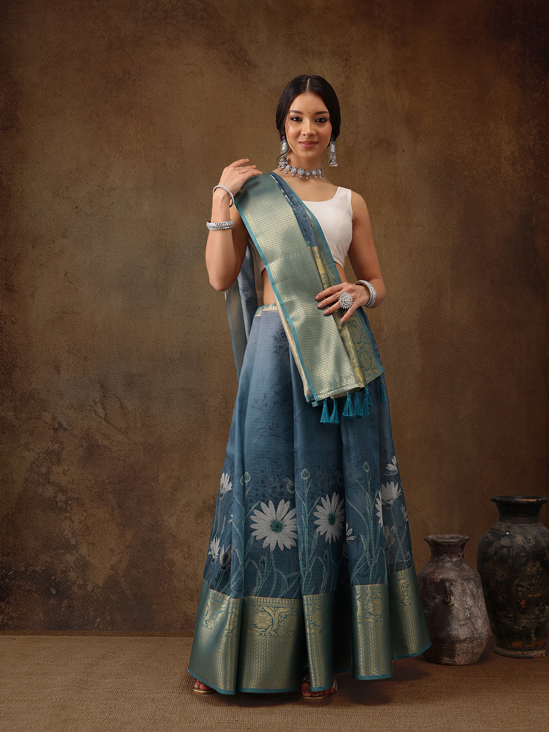 Muga Silk Floral Printed Zari Woven Saree