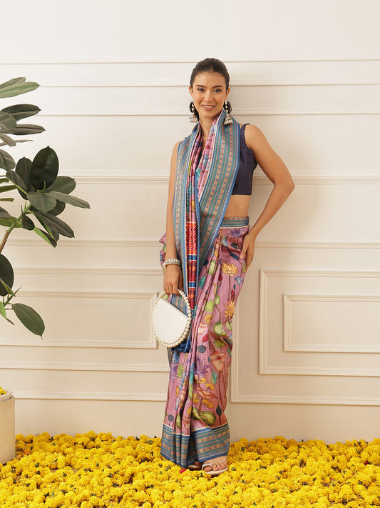 Women's Soft Tusser Silk Digital Printed Kalamkari Saree With Viscous Jacquard Border