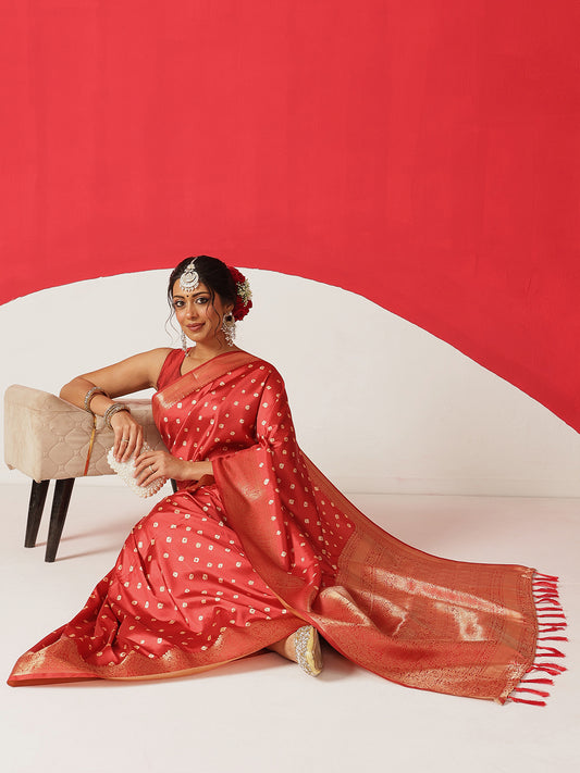 Soft Silk Bandhani Printed Saree With Zari Border & Tassels
