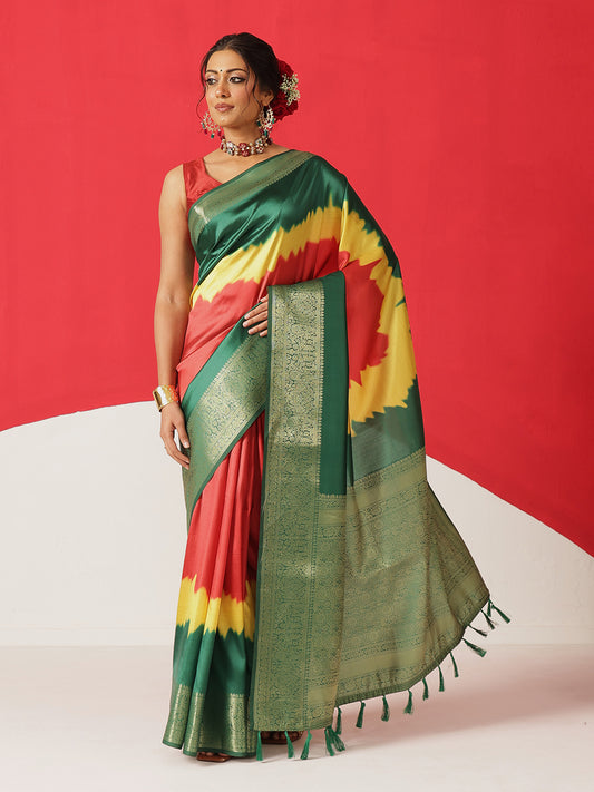 Digital Printed Soft Silk Saree With Zari Border & Tassels