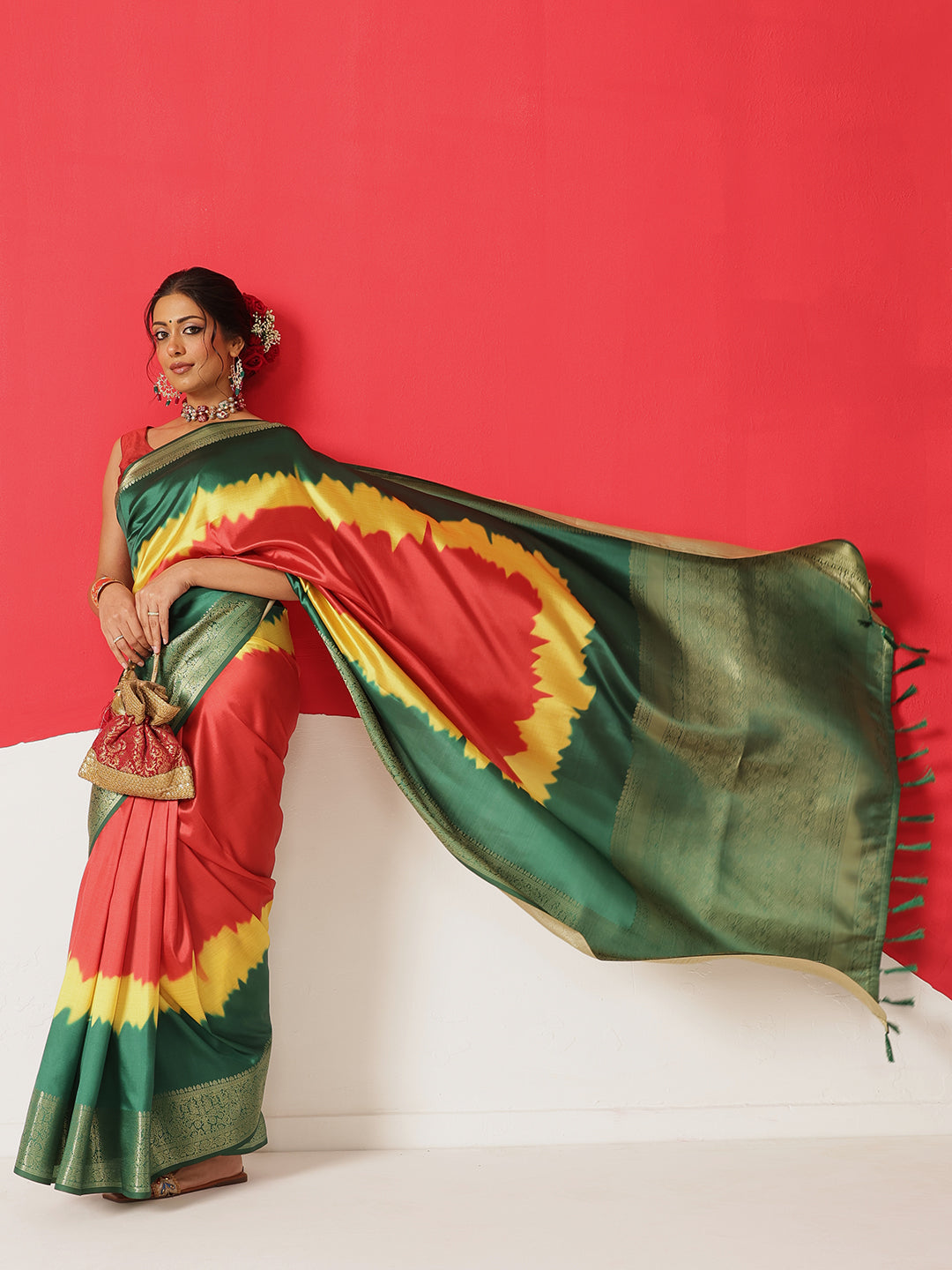 Digital Printed Soft Silk Saree With Zari Border & Tassels
