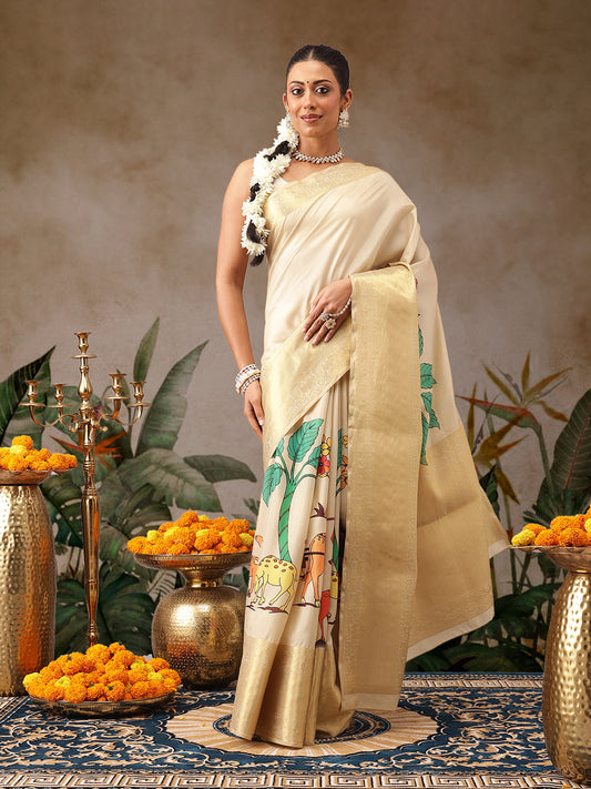 Tussar Silk Pichwai Printed Saree Woven Pallu With Brocade Blouse