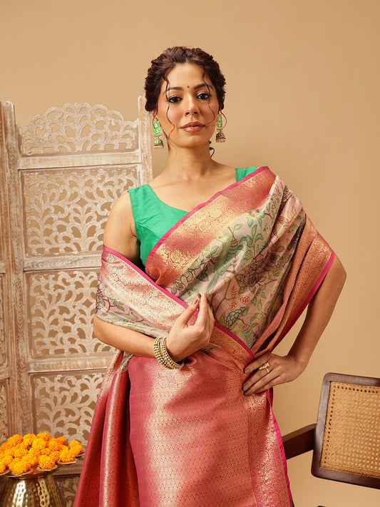 Animal & Floral Digital Printed Muga Silk Saree