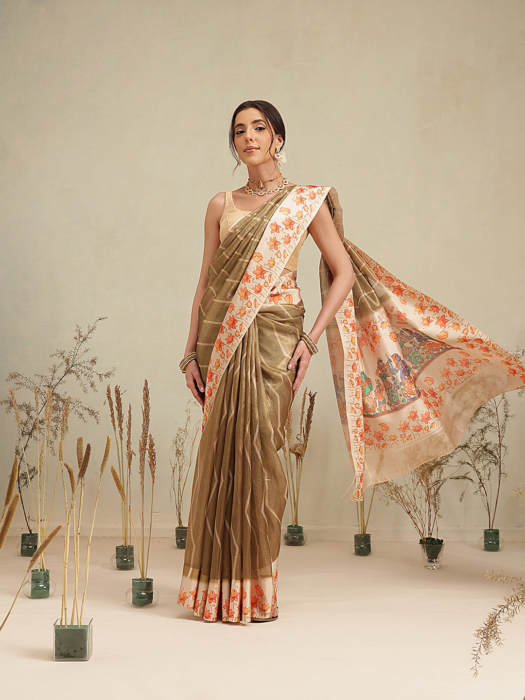 Olive Brown Floral Border Saree with Traditional Art Print Pallu