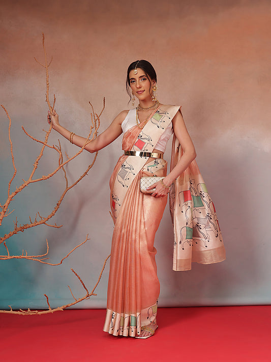 Peach Folk Art Cow Motif Saree with Traditional Printed Pallu